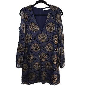 ASTR The Label Stevie Mini Dress S Navy Gold Velvet Burnout Whimsigoth Boho Chic
